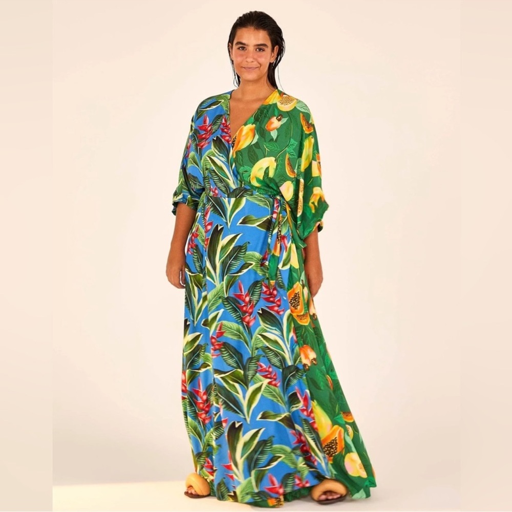 Farm Rio Papaya mixed Print Wrap Maxi